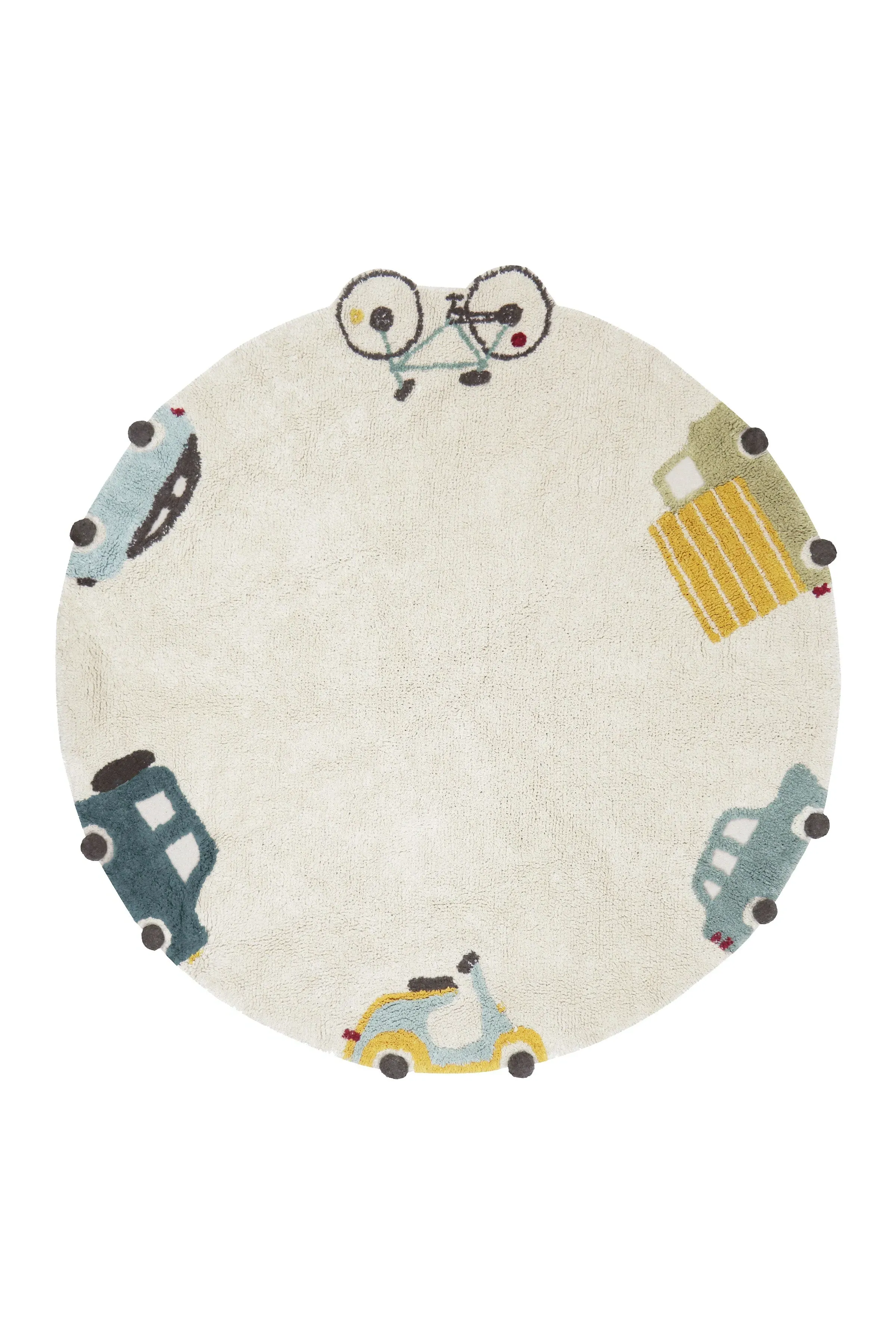 Wheels Round Rug with Pompoms