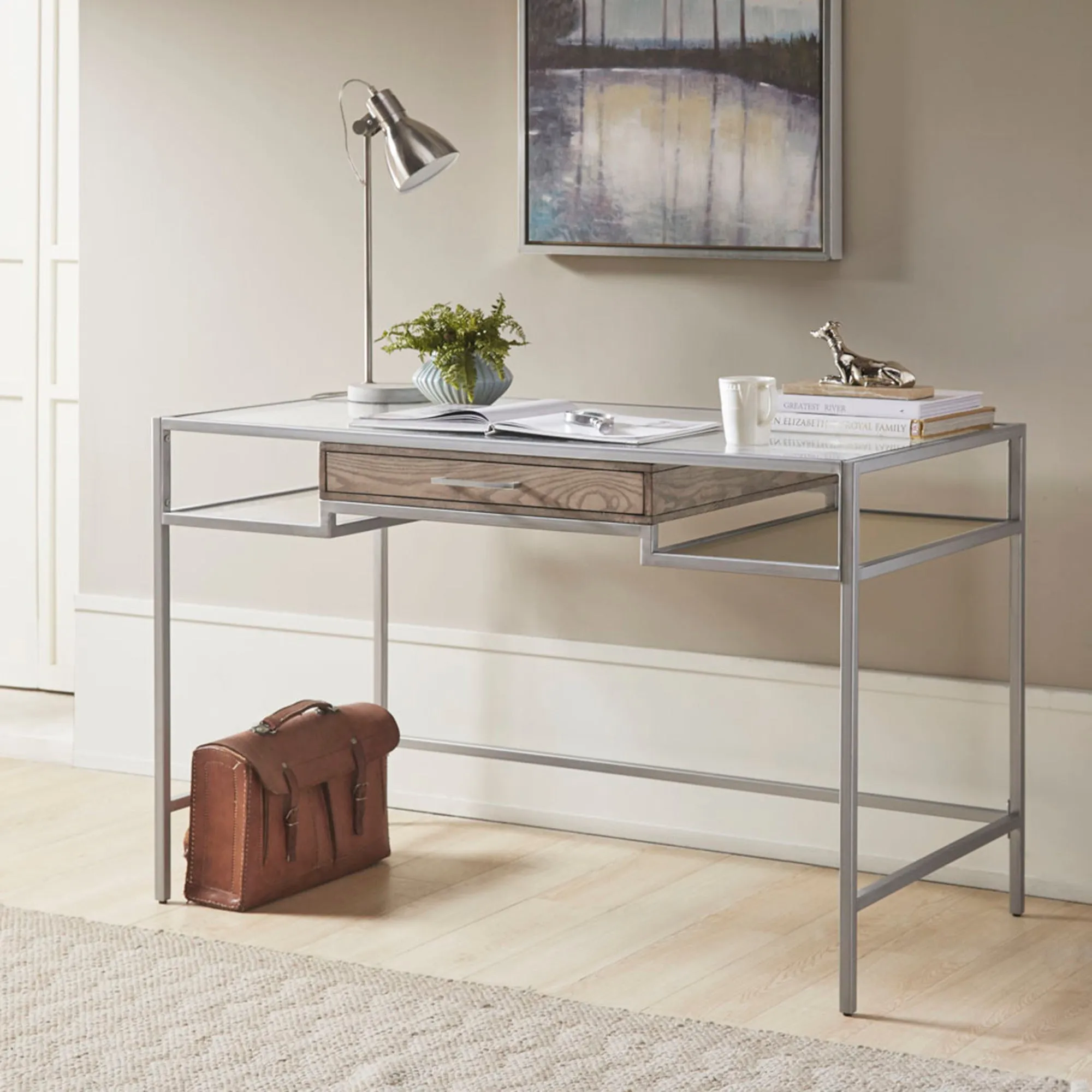 Adela Writing Desk with Drawer - Silver, Glass product