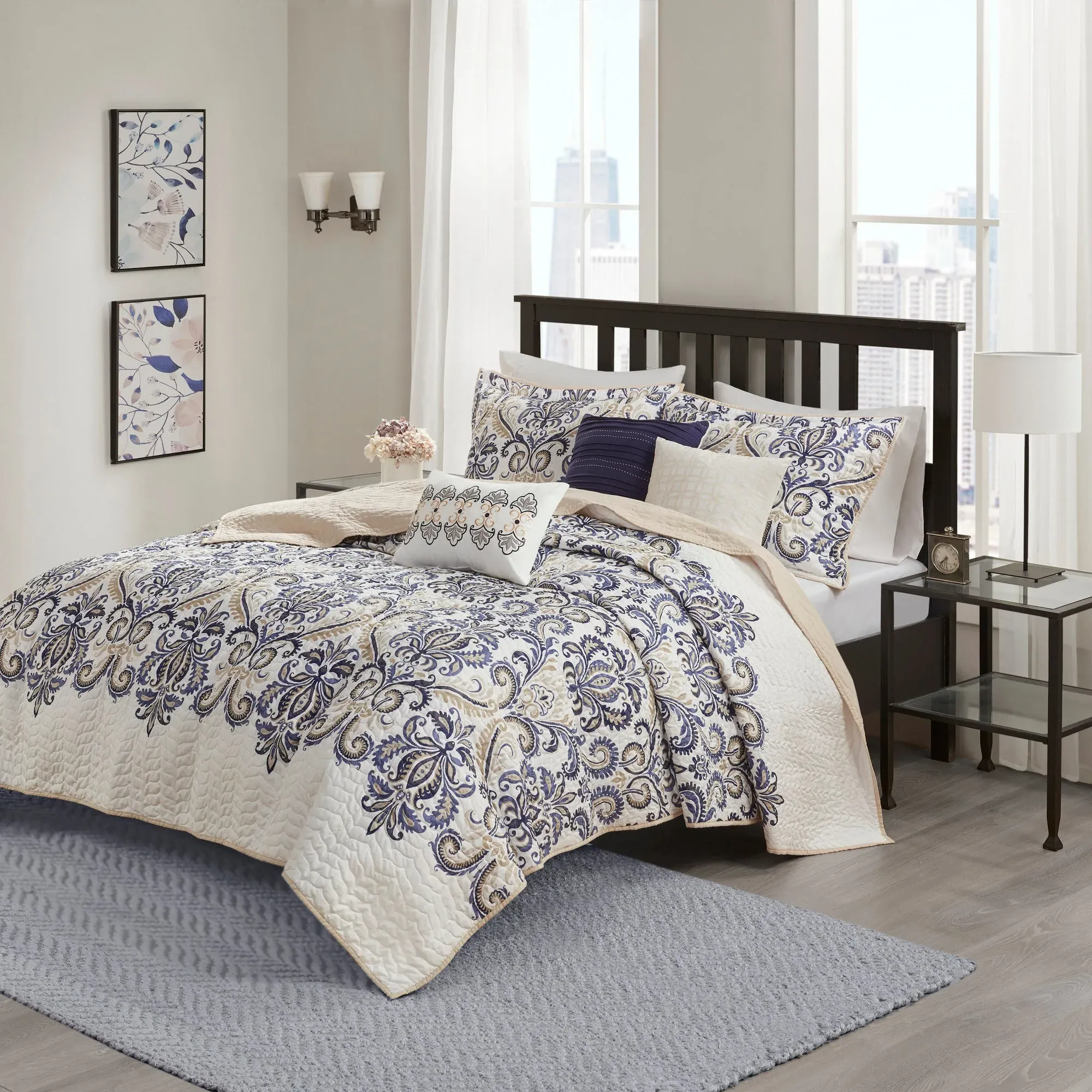 Cali 6-Piece Reversible Quilt Set with Throw Pillows - Navy, Microfiber product