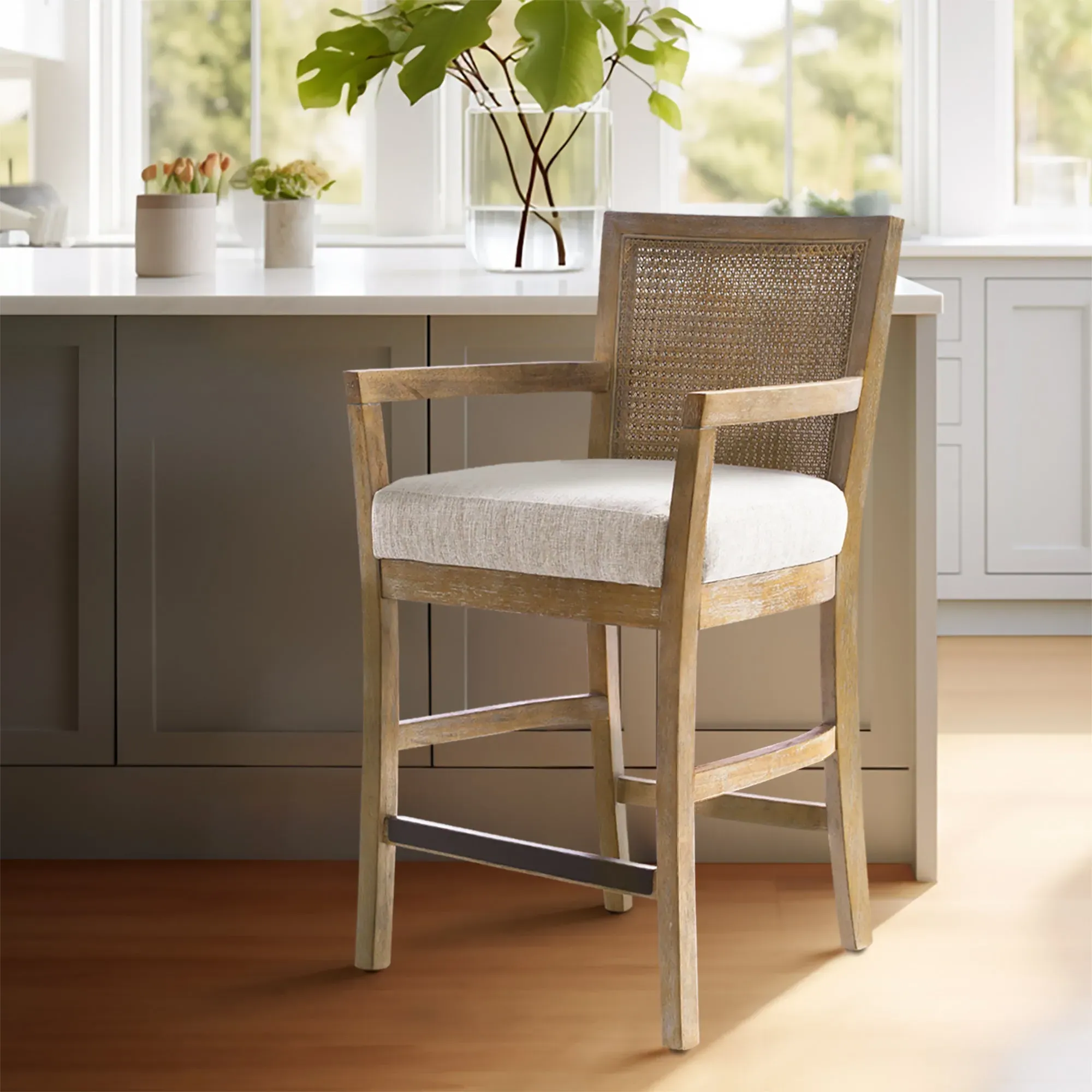 Diedra Counter Stool with Rattan Back - Beige, Reclaimed Wood product