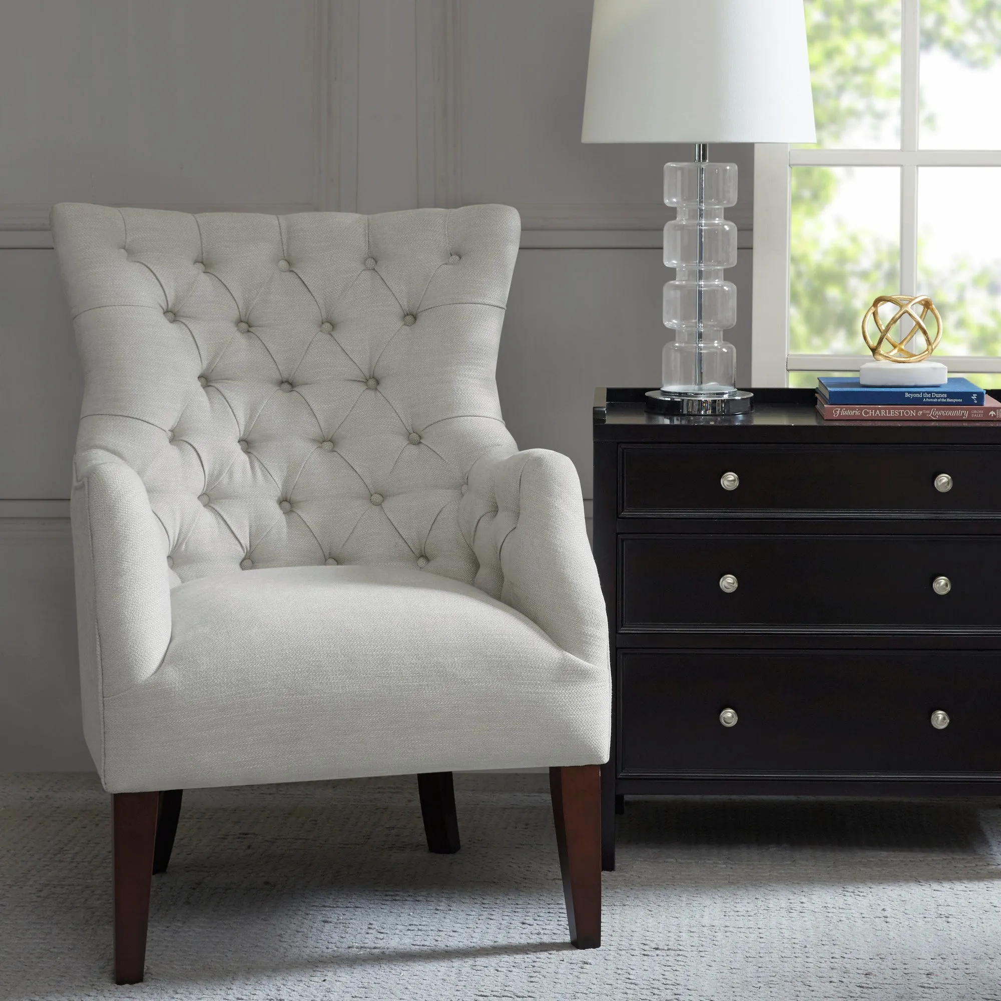 Hannah Button Tufted Wing Chair - Herringbone product