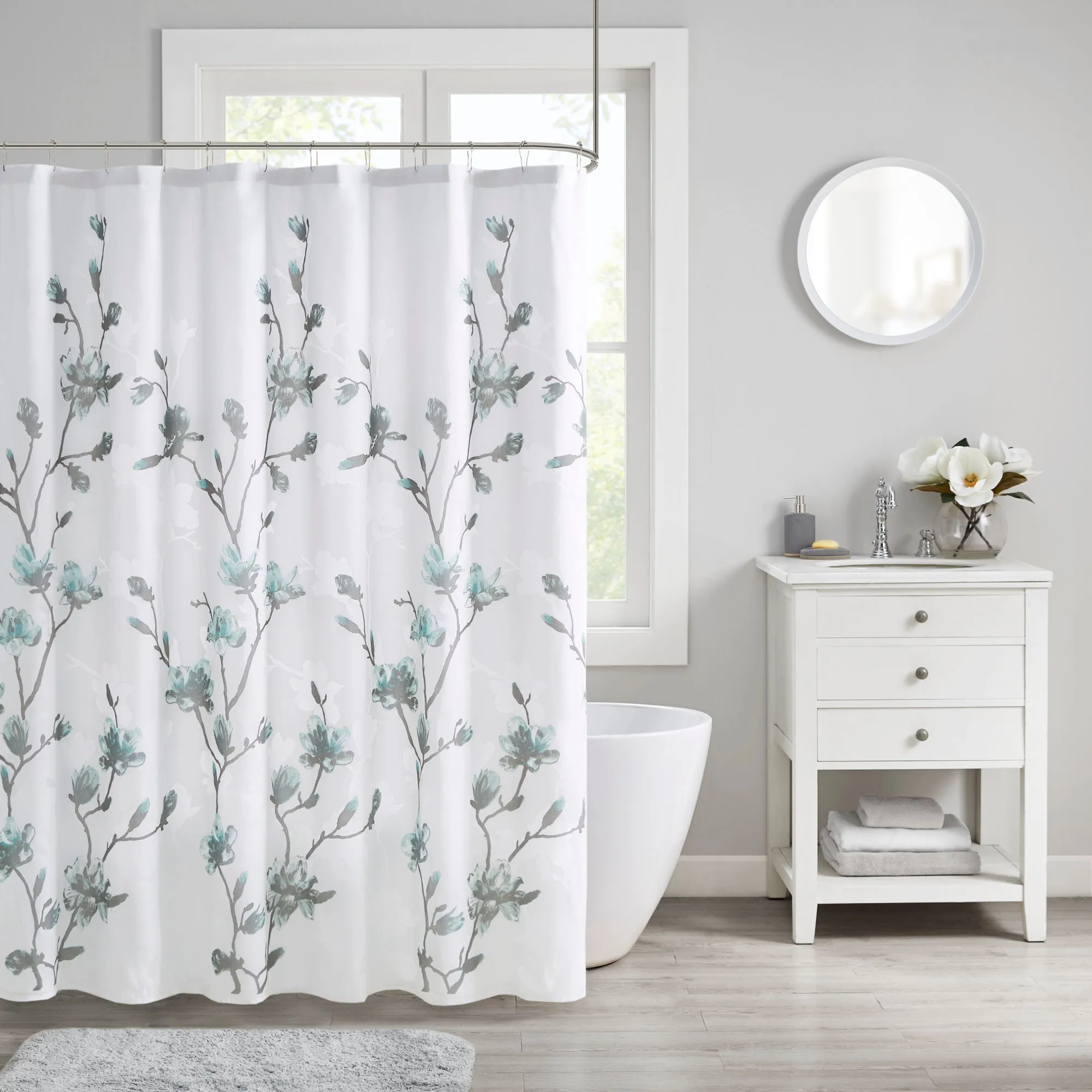 Magnolia Floral Burnout Shower Curtain - Aqua, Rayon Blend product