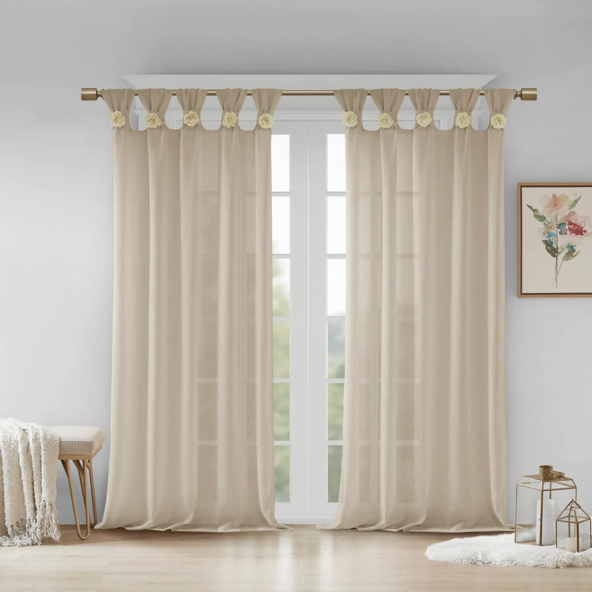 Rosette Floral Embellished Tab Top Curtain Panel - White, Faux Linen product