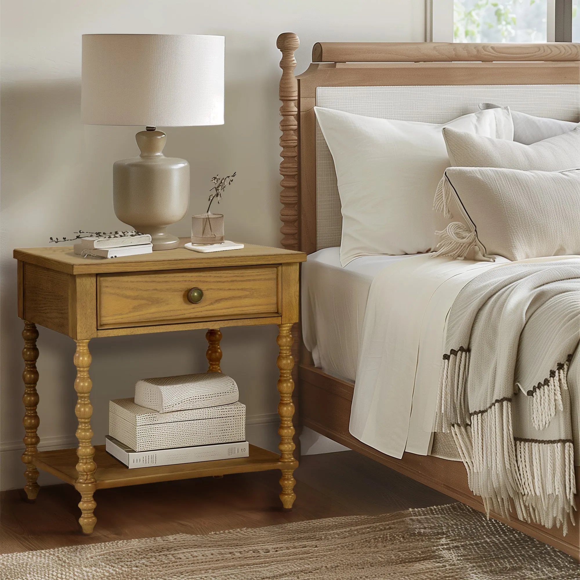 Beckett Spindle Nightstand with Drawer & Shelf - Antique Cream, Solid Wood product