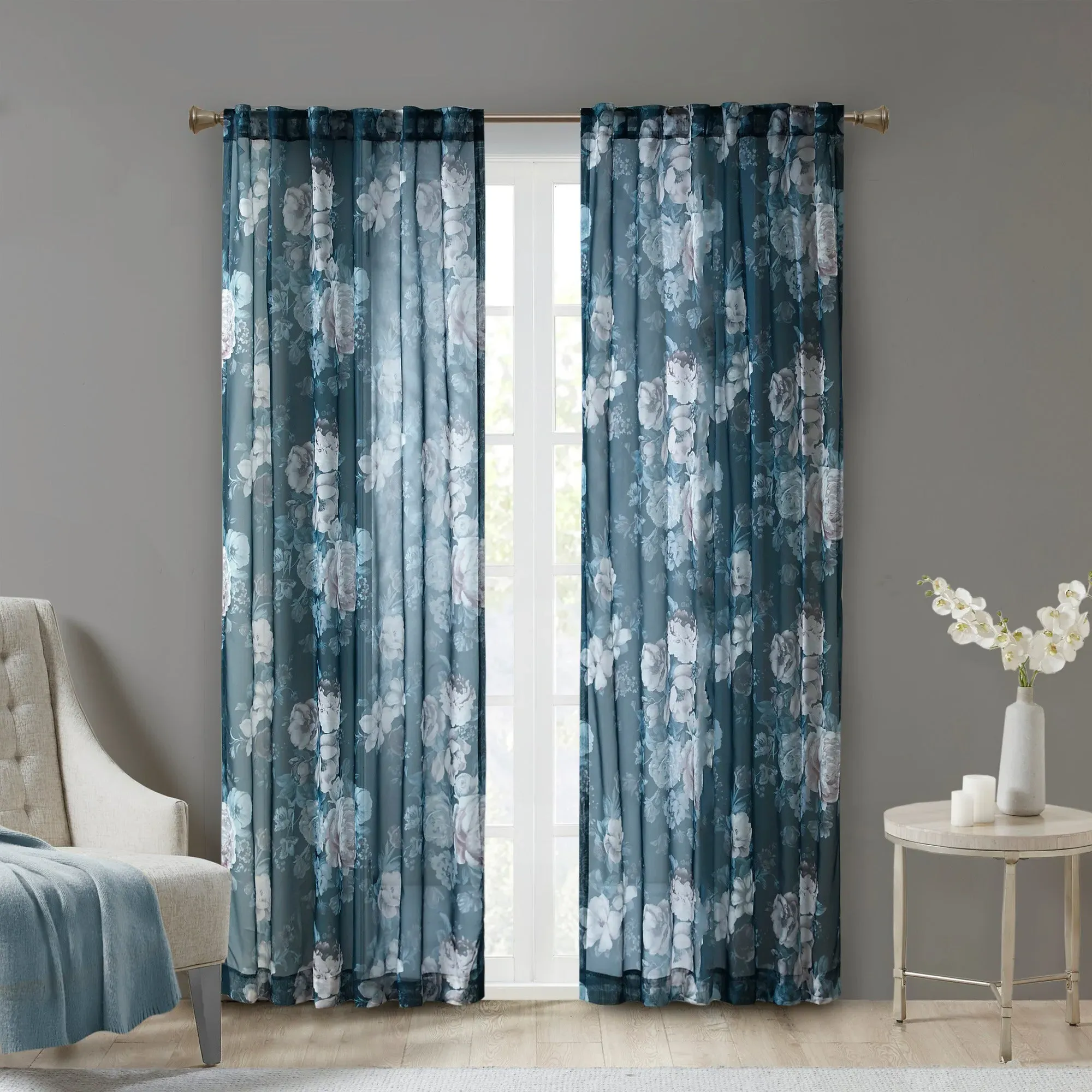 Simone Floral Rod Pocket & Back Tab Voile Sheer Curtain Panel product