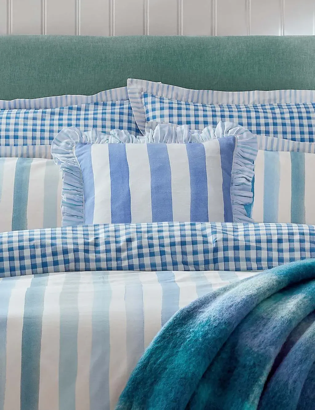 Striped Cotton Cushion with Ruffle Trim - Blue Mix product
