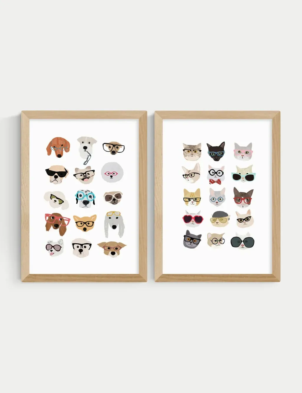Hannah Melin Cats & Dogs In Glasses Twin Set Framed Art - Natural product