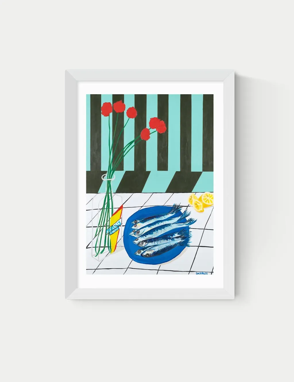 Striped Sardines Rectangle Framed Art - White, Wood product