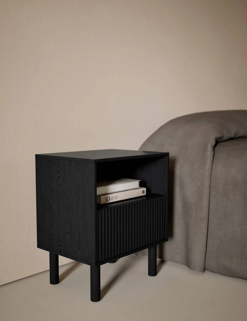 Fluted Bedside Table with Drawer - Black, Oak Veneer product
