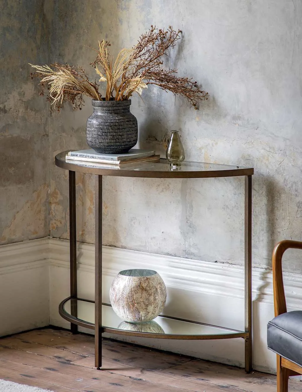 Hudson Semicircular Console Table - Brown, Metal & Glass product