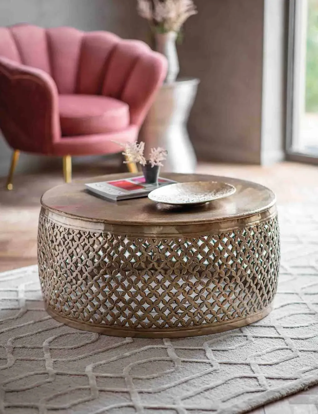 Khalasar Round Latticed Coffee Table - Gold, Metal product