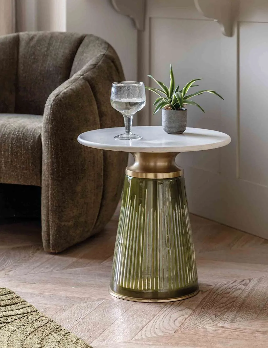 Seville Round Side Table - Dark Green, Marble and Glass product