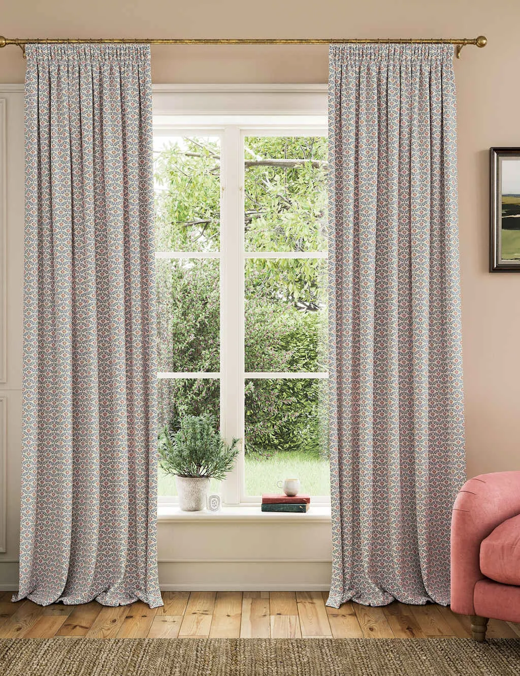 Floral Foulard Pencil Pleat Curtains - Blue, Pure Cotton product