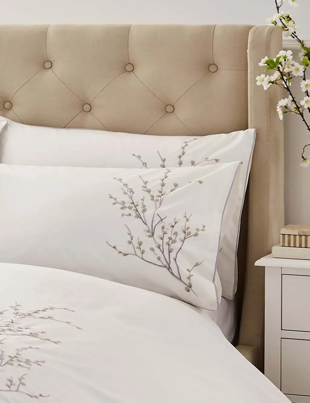 2 Pack Pussy Willow Embroidered Pillowcases - White, Cotton product