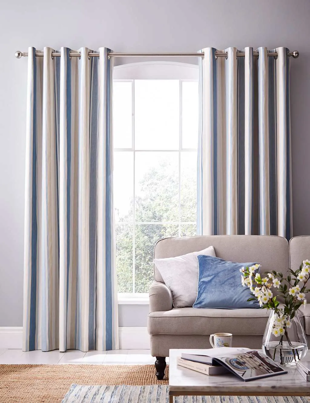 Awning Stripe Eyelet Blackout Curtains - Blue Mix, Cotton product