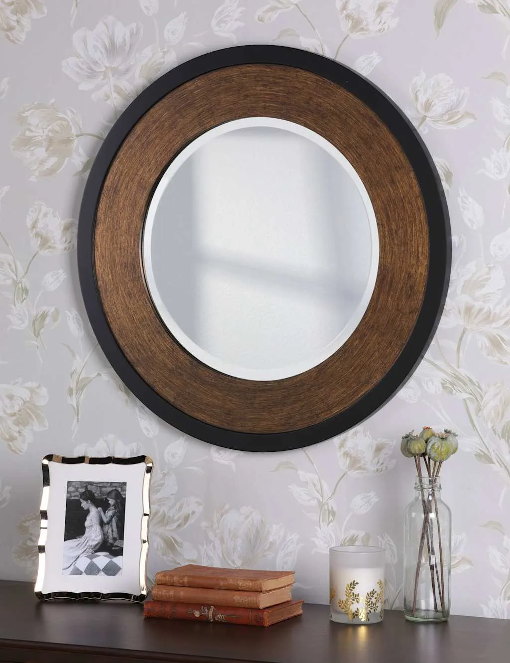 Cara Round Wall Mirror - Brown, Wood product