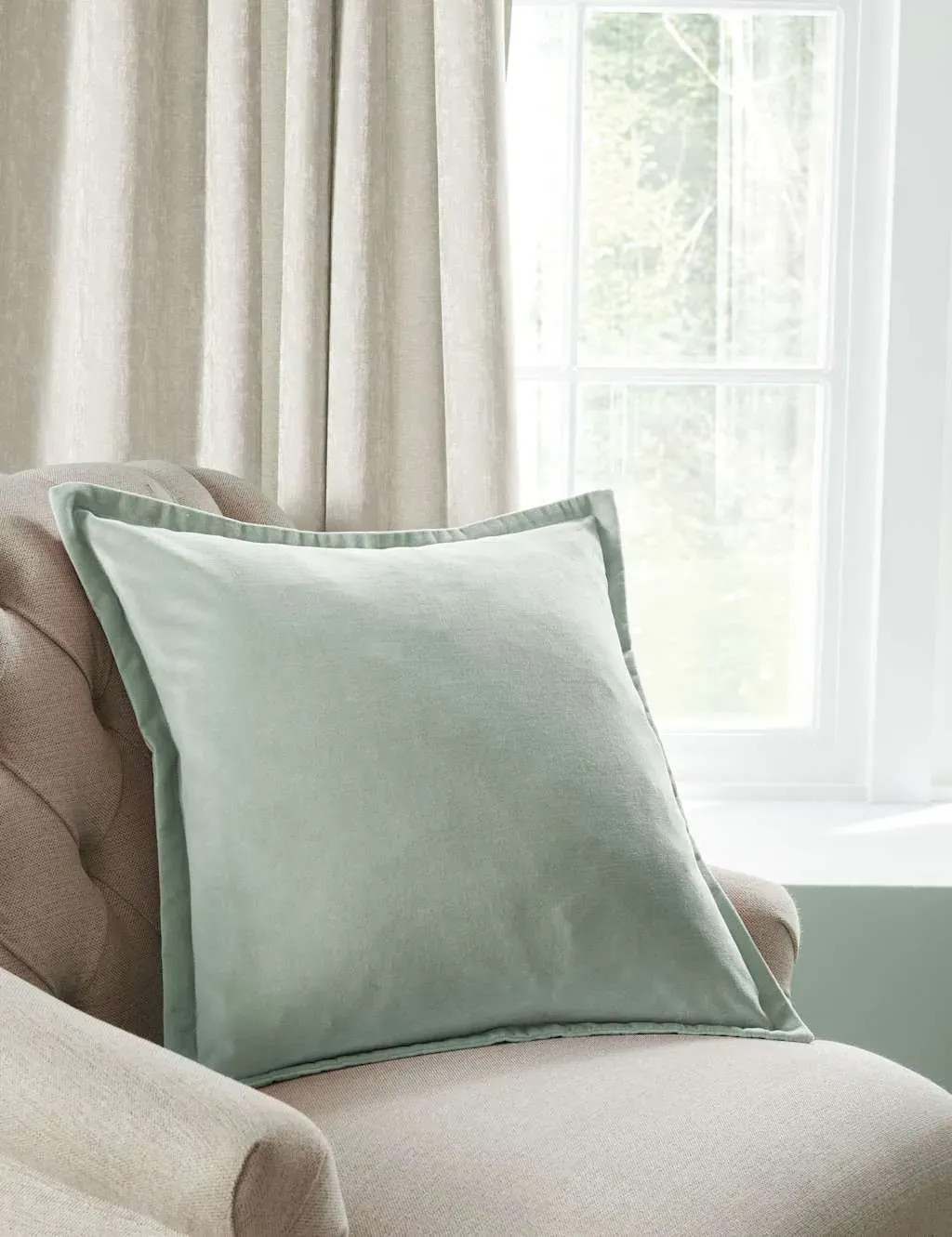 Hanya Square Cushion with Oxford Edge - Light Green, Velvet product