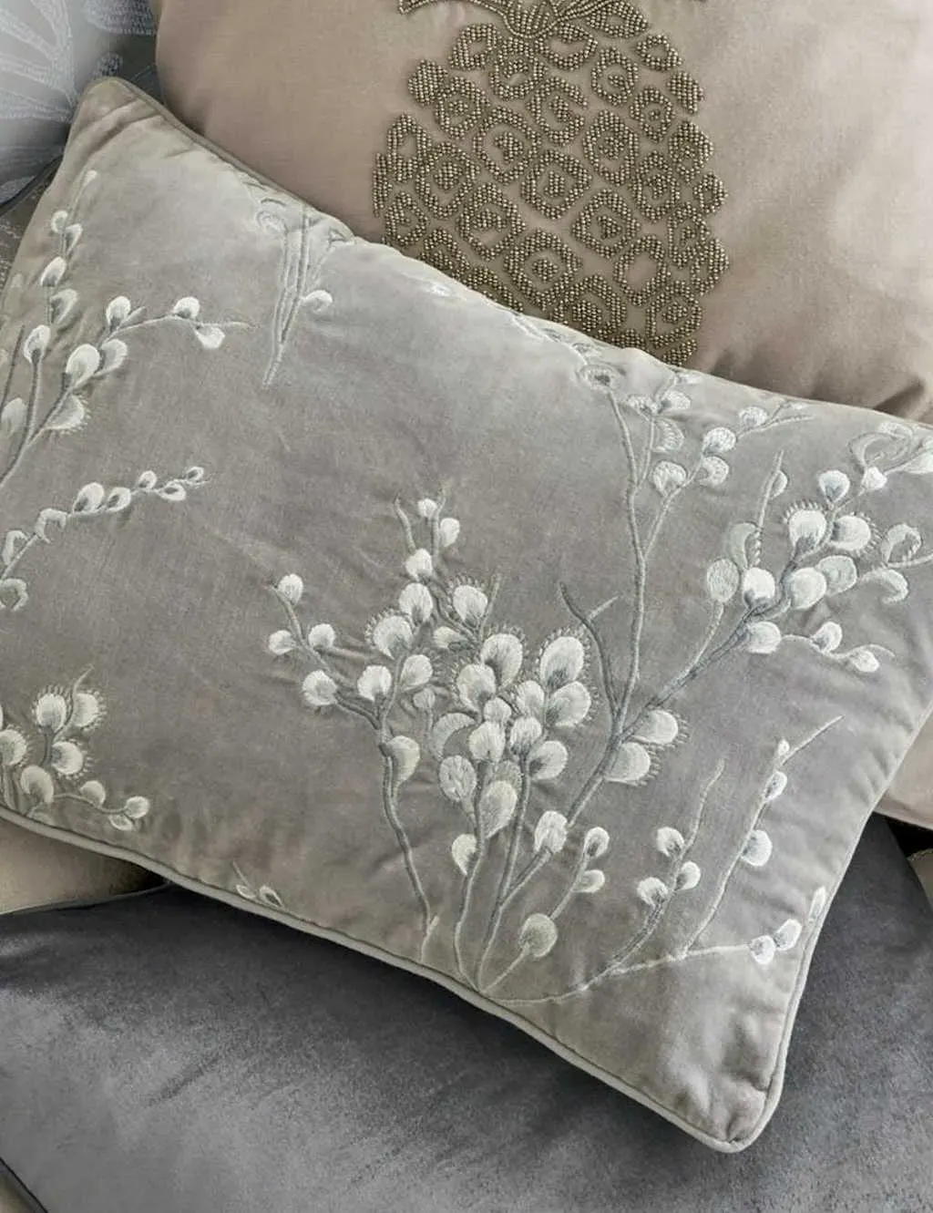 Pussy Willow Velvet Embroidered Cushion - Light Grey Mix, Cotton product