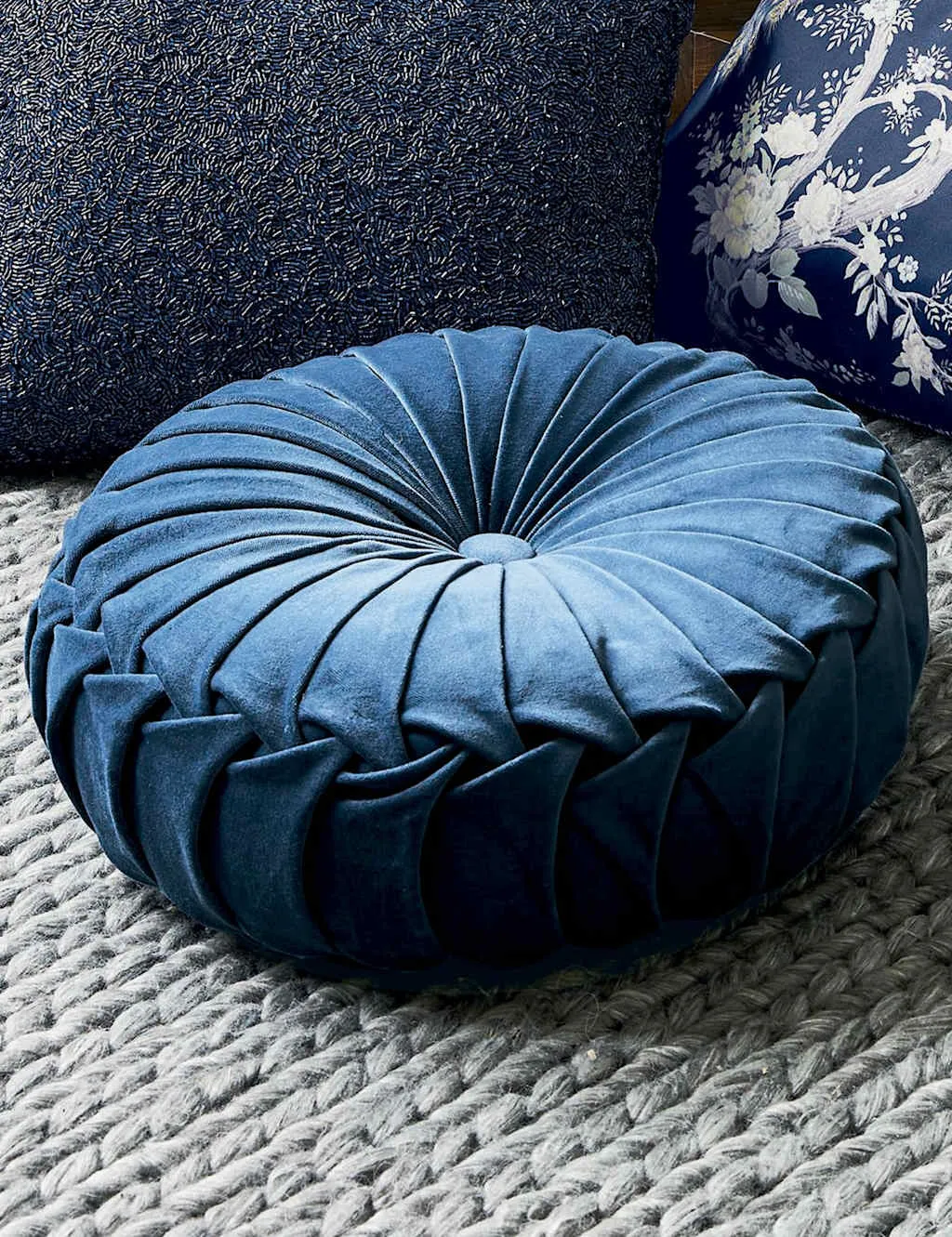 Rosanna Round Pleated Cushion - Blue, Velvet product