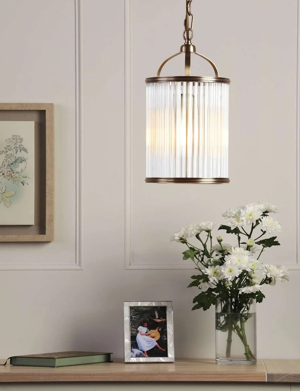 Sutton Metal & Ribbed Glass Pendant Light - Antique Brass product