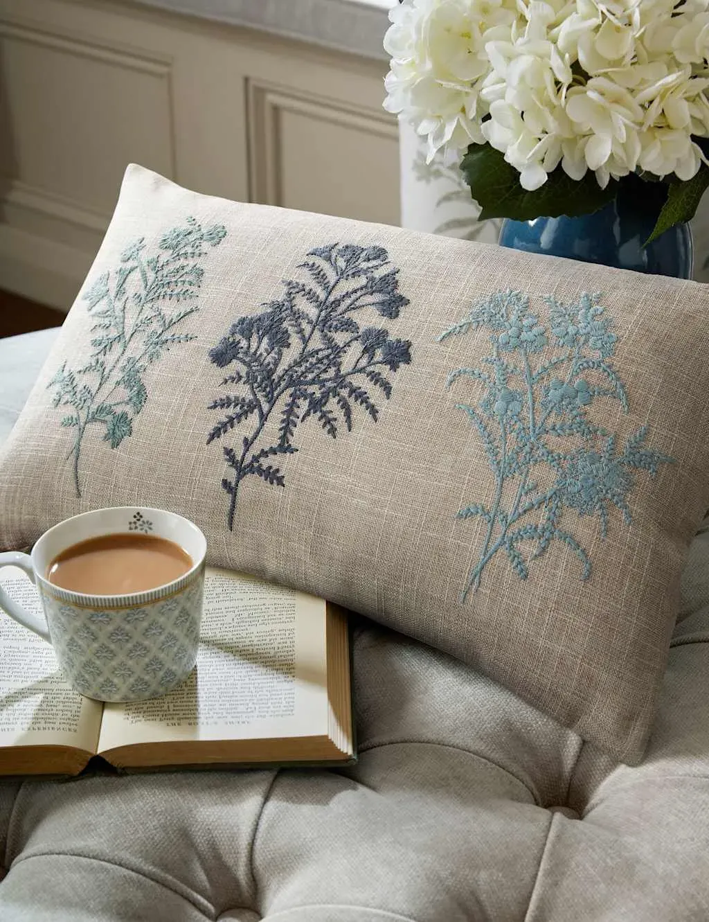 Tenby Floral Embroidered Bolster Cushion - Blue Mix, Linen product