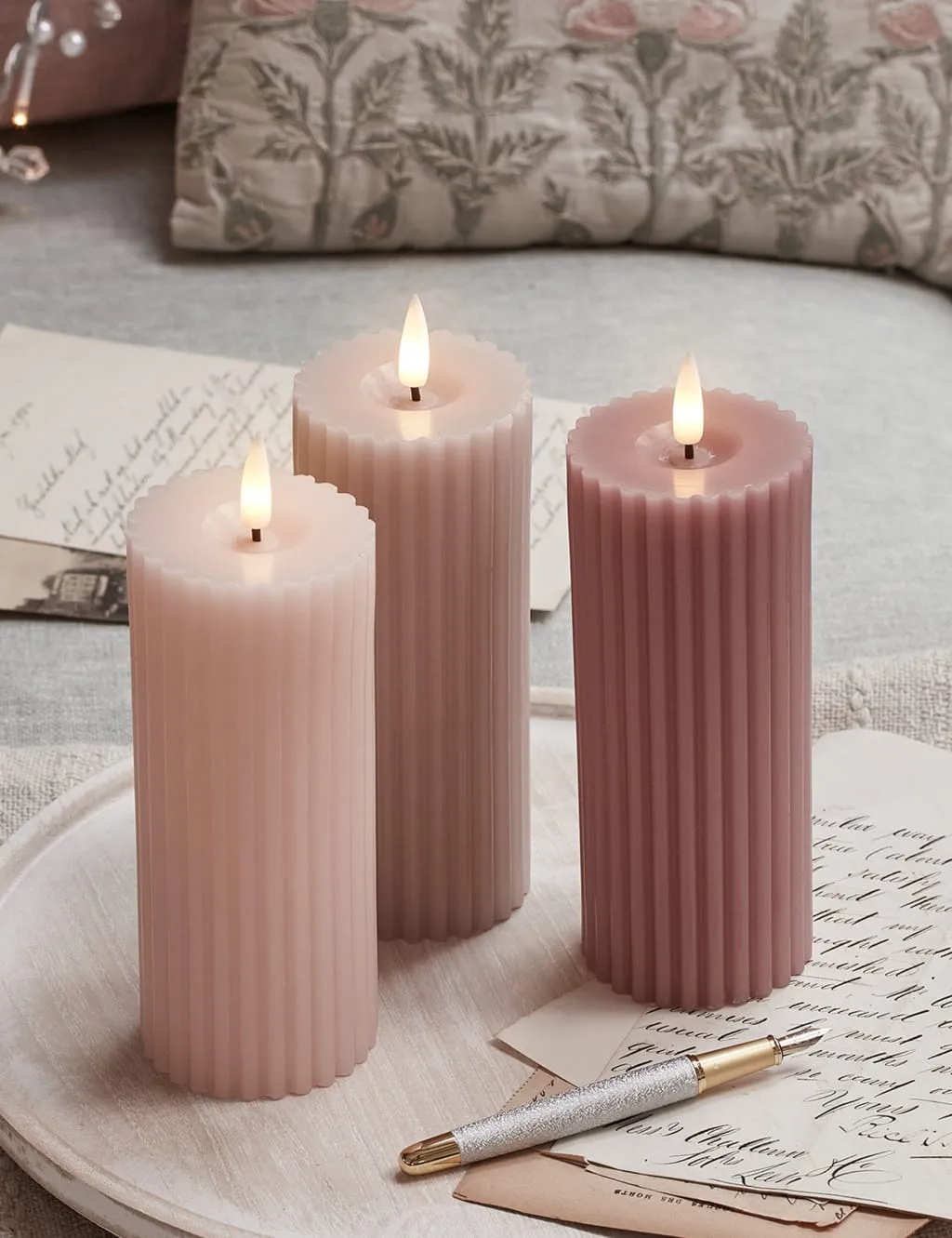TruGlow Set of 3 Fluted Pillar LED Candles - Blush Pink, Wax product