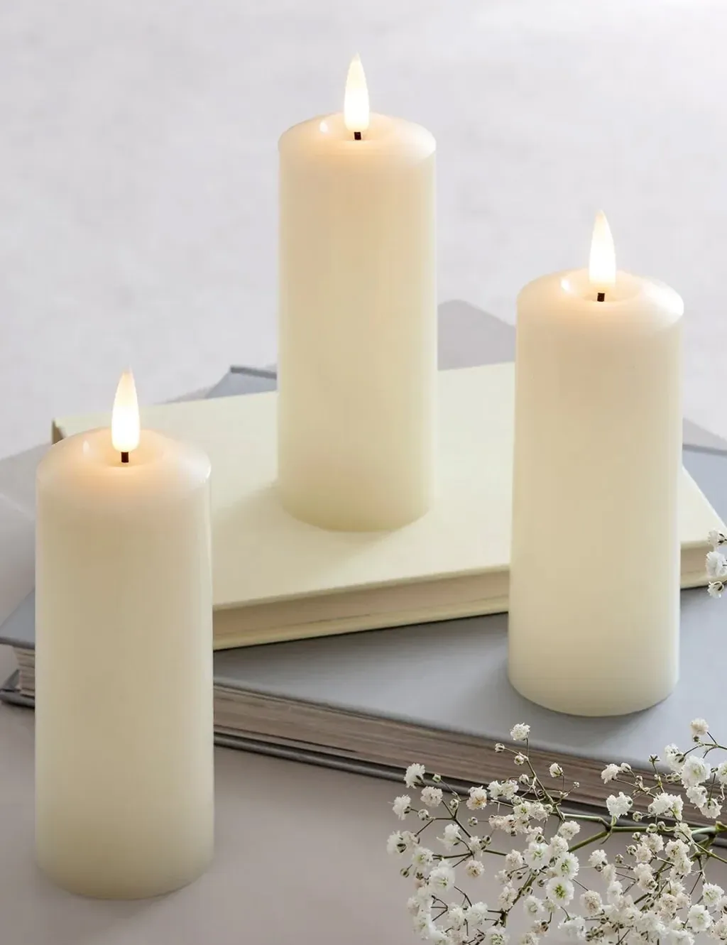 TruGlow Set of 3 Skinny Pillar LED Candles - Ivory, Wax product