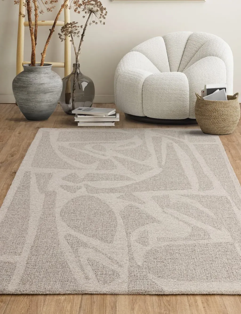 Loxley Rectangular Rug with Tufted Edges - Ivory, Wool product