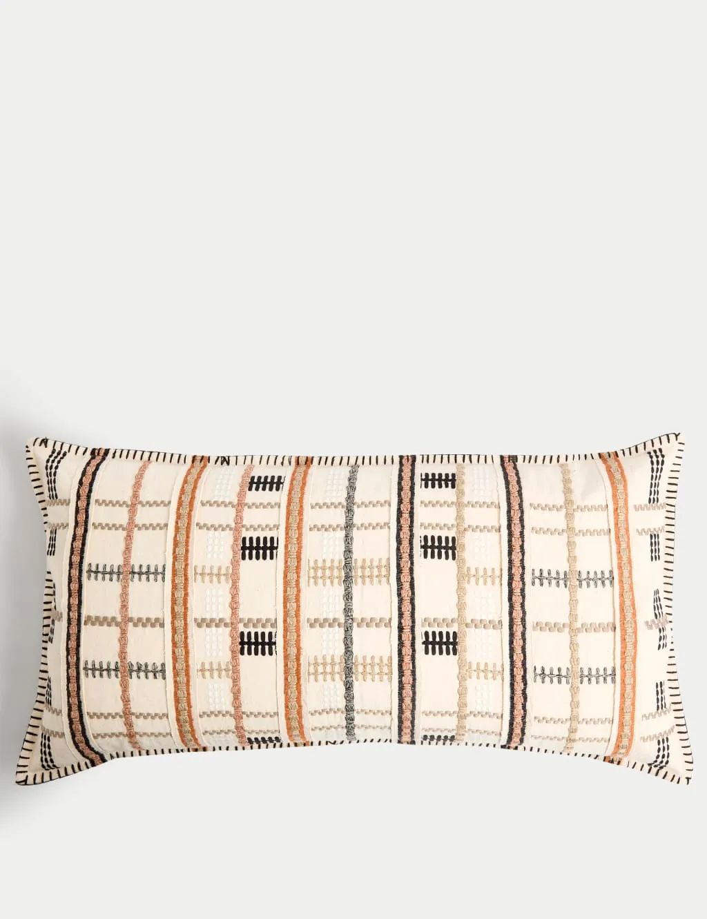Pure Cotton Grid Embroidered Bolster Cushion - Neutral, Cotton product