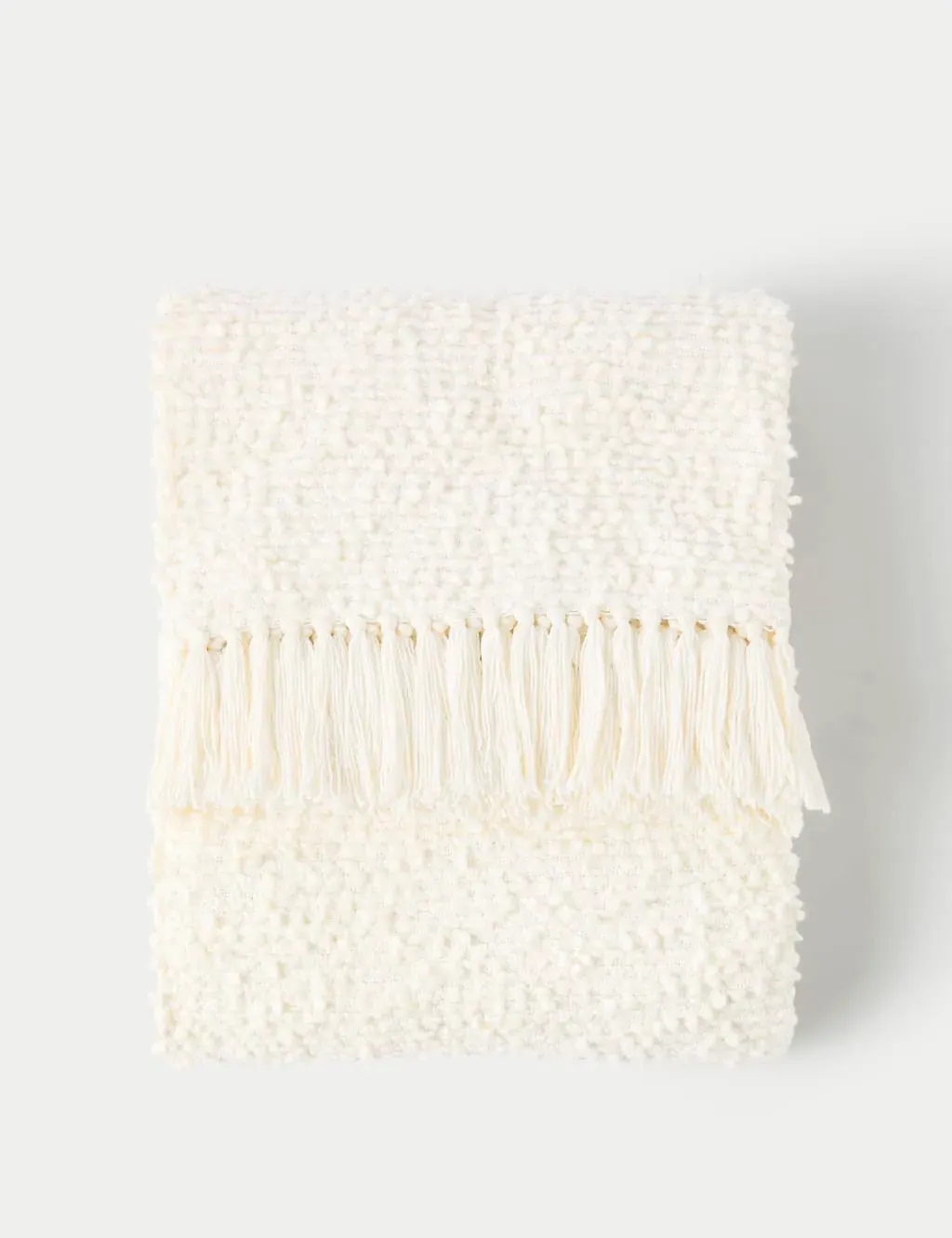 Pure Cotton Bouclé Throw with Tassels - Cream, Cotton product