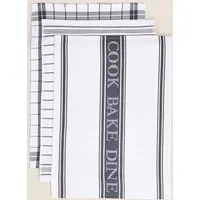 Set of 3 Tea Towels Striped & Checked - Dark Grey, Cotton alternate view
