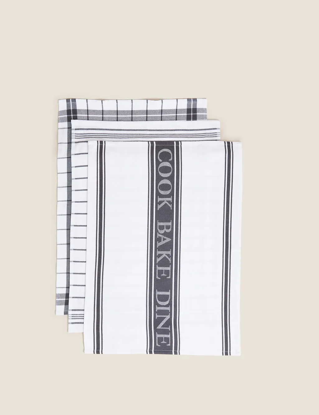 Set of 3 Tea Towels Striped & Checked - Dark Grey, Cotton product