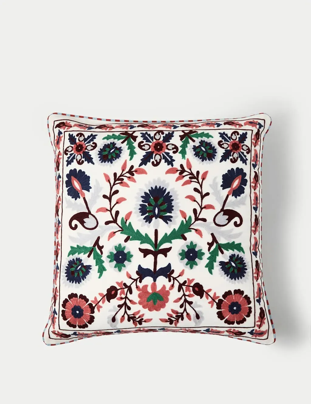 Square Cushion with Floral Crewelwork Embroidery - Green, Cotton product