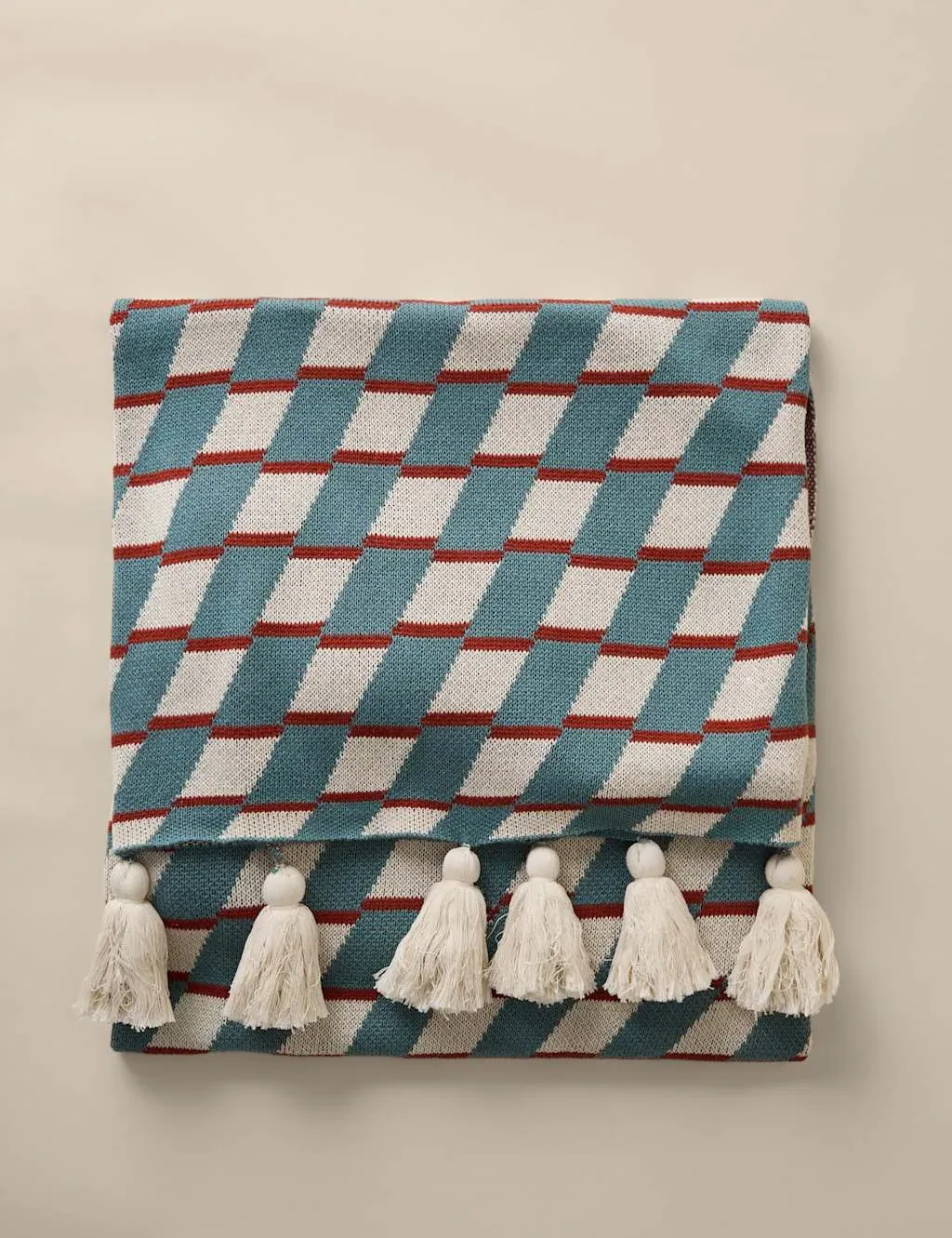 Pure Cotton Geometric Knitted Tassel Throw - Teal product