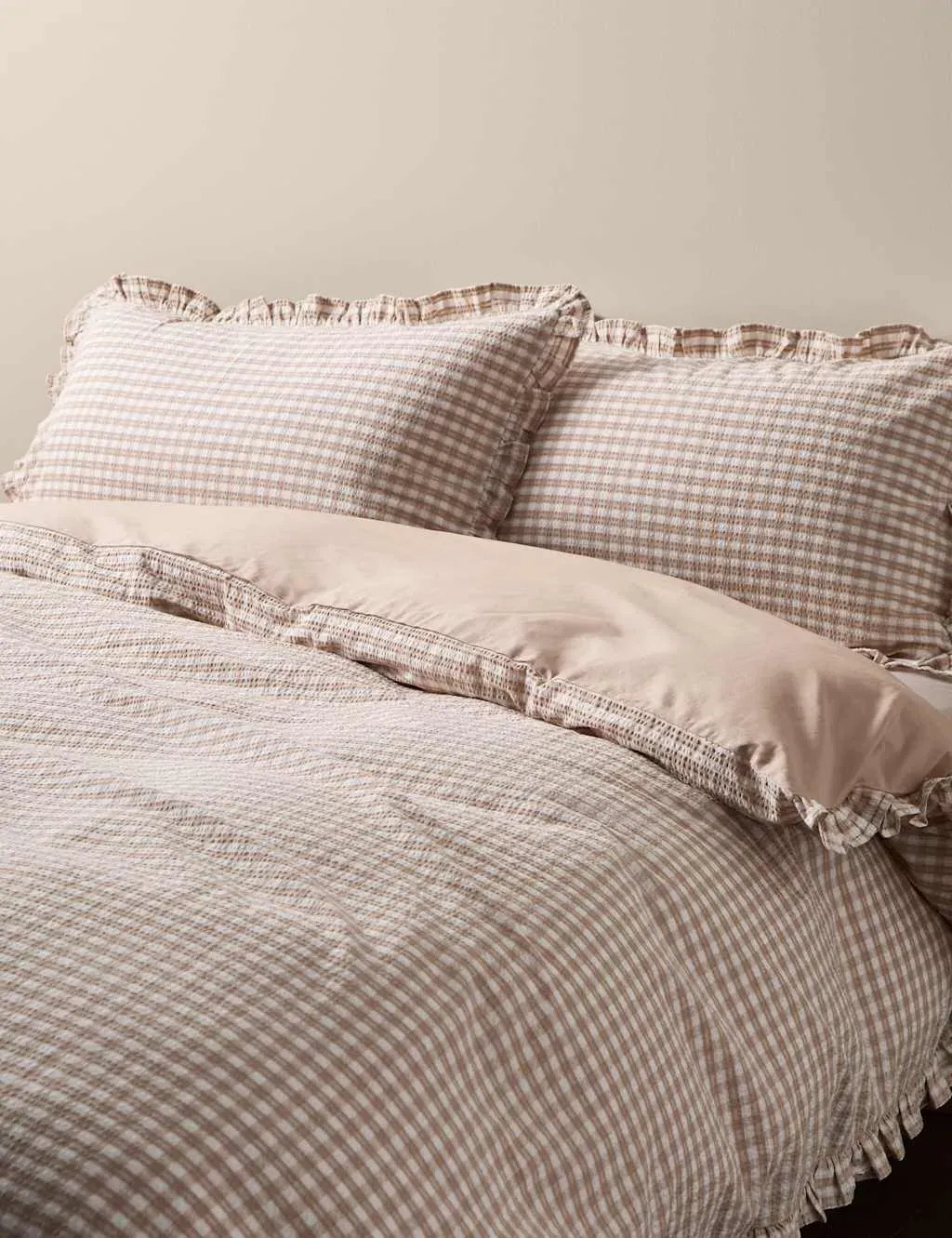 Pure Cotton Gingham Ruffle Bedding Set - Natural product