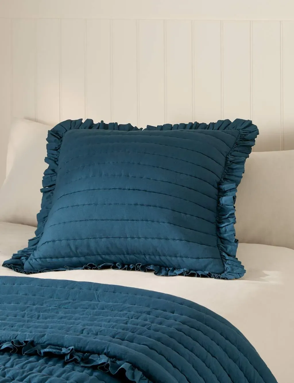 Pure Cotton Textured Ruffle Trim Cushion - Teal product
