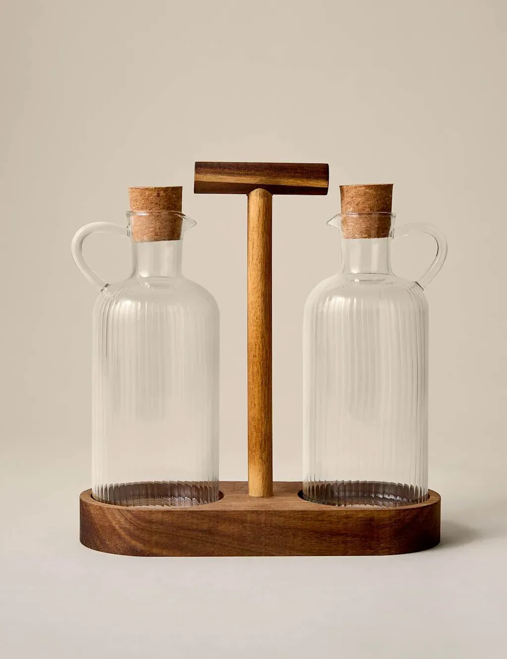 Set of 2 Glass Oil Pourers with Acacia Wood Caddy - Clear product