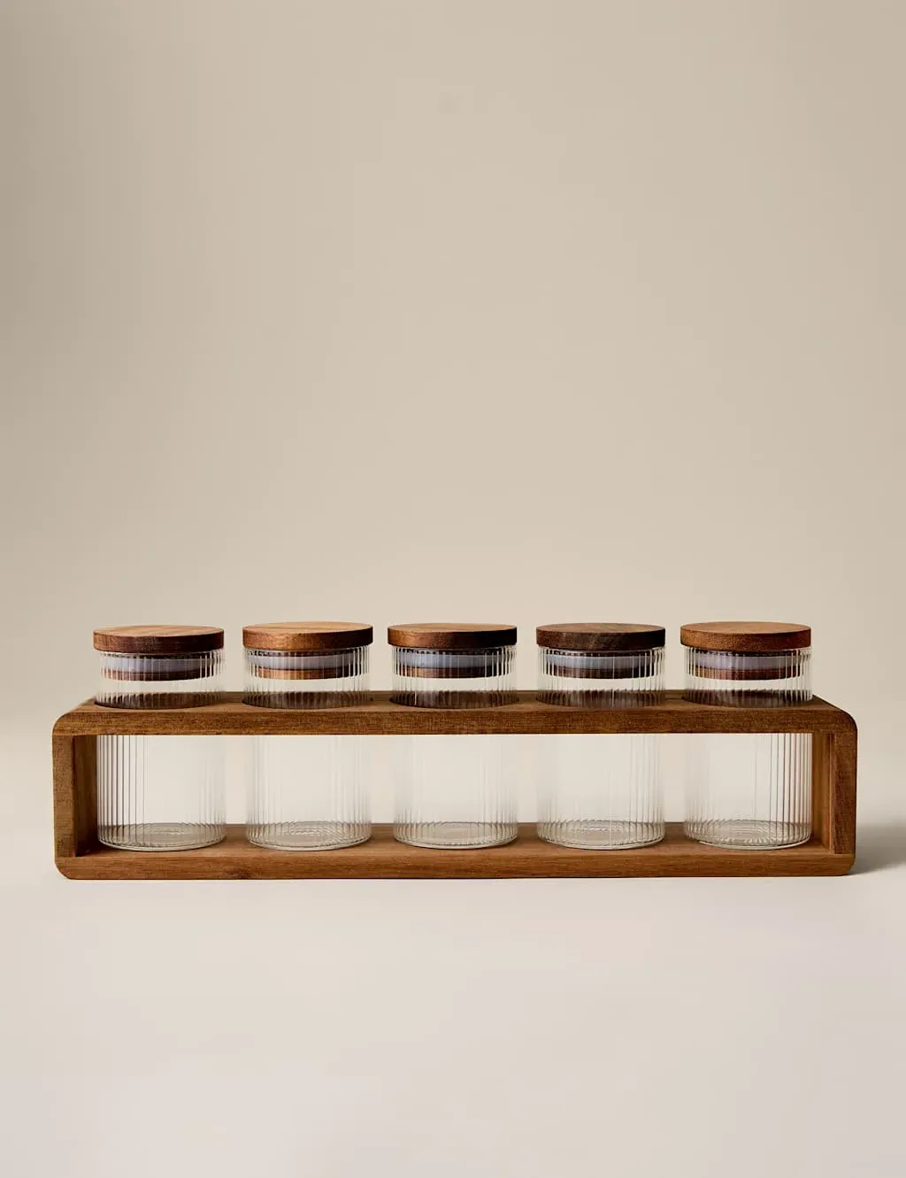 Set of 5 Ribbed Glass Spice Jars with Rack - Clear product
