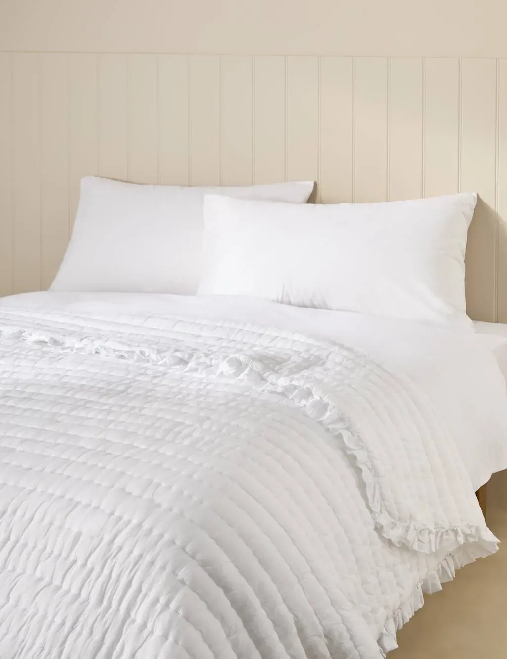 Washed Cotton Quilted Ruffle Bedspread - White product