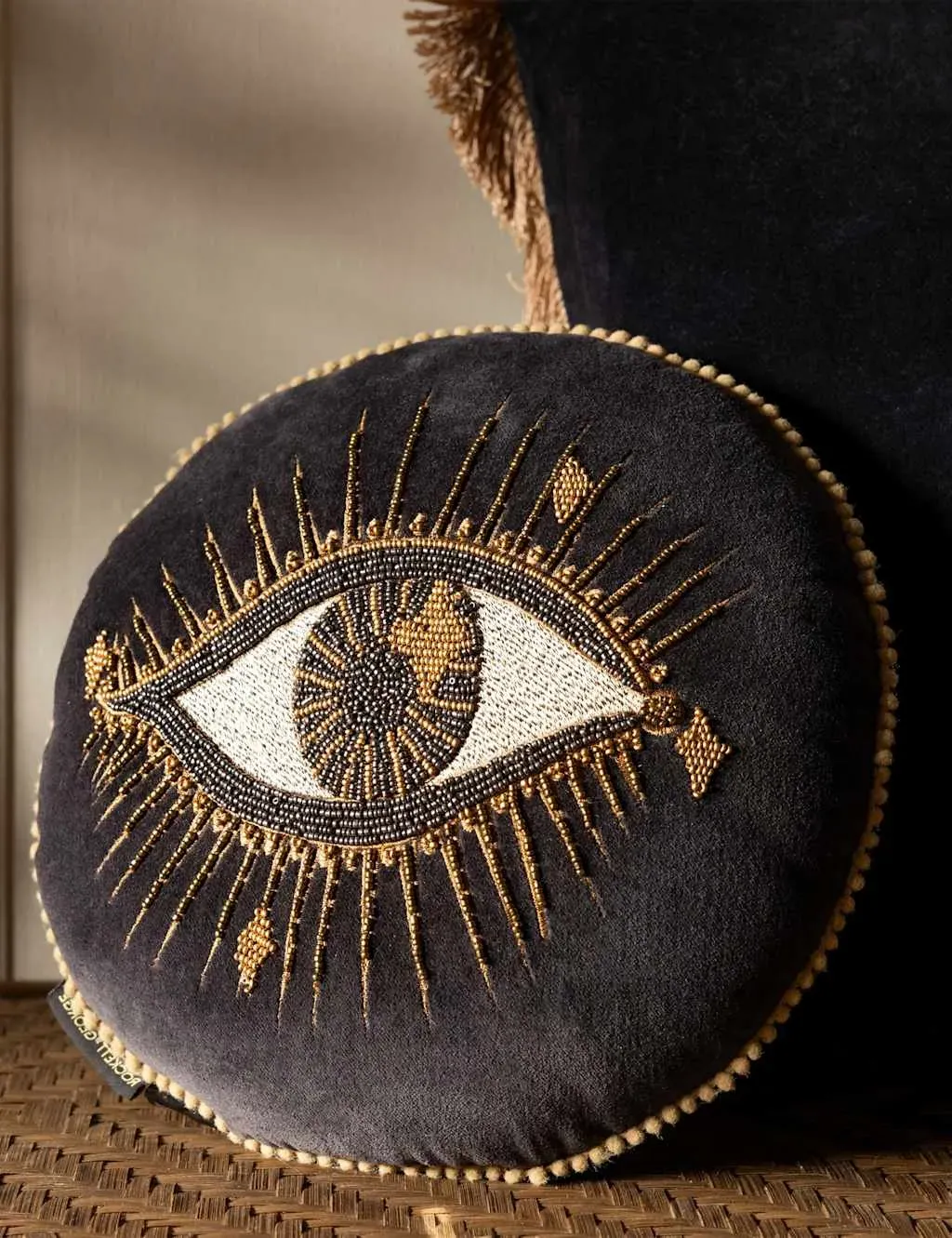 Beaded Eye Round Cushion - Black Mix, Velvet product