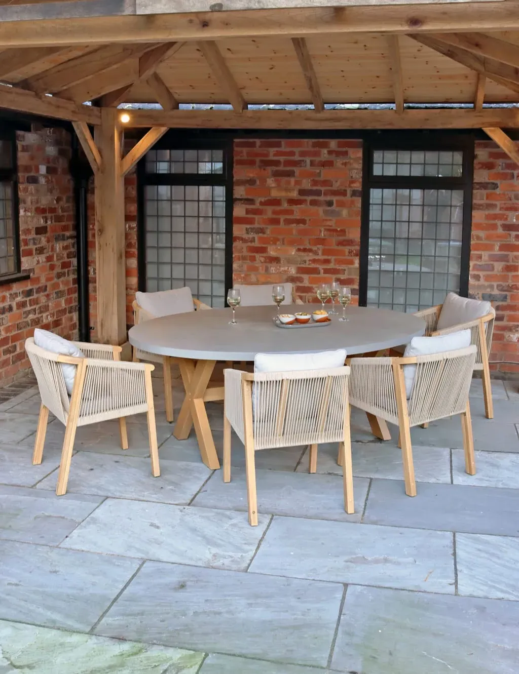 Luna Ellipse Concrete Table & 6 Roma Chairs - Natural product