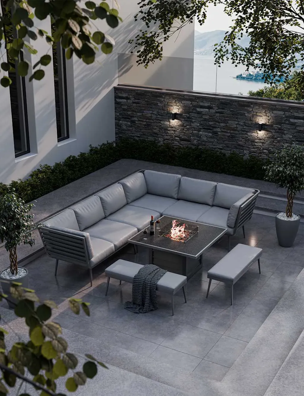 Mayfair Fire Pit Corner Lounging Set with 2 Benches - Grey product