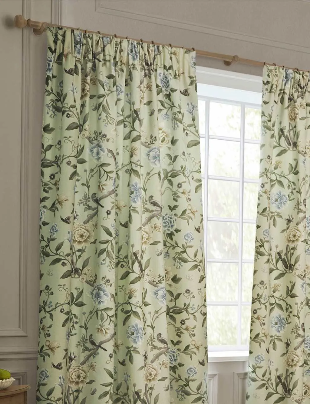 Porcelain Garden Pencil Pleat Curtains - Green Mix, Chenille product