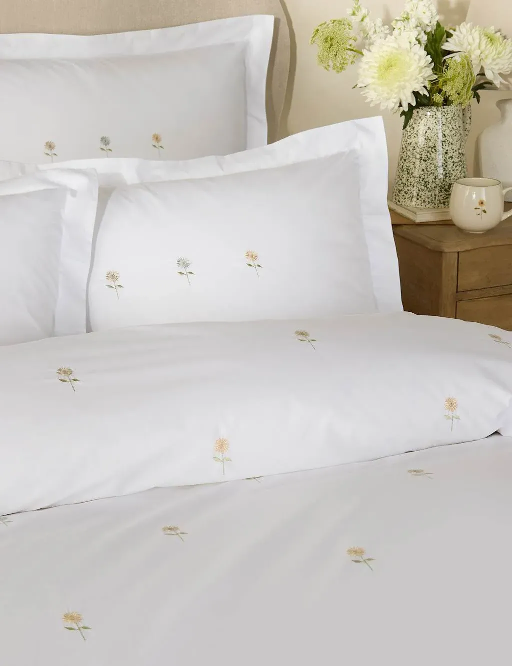 2 Pack Embroidered Sunflowers Oxford Pillowcases - White, Cotton product