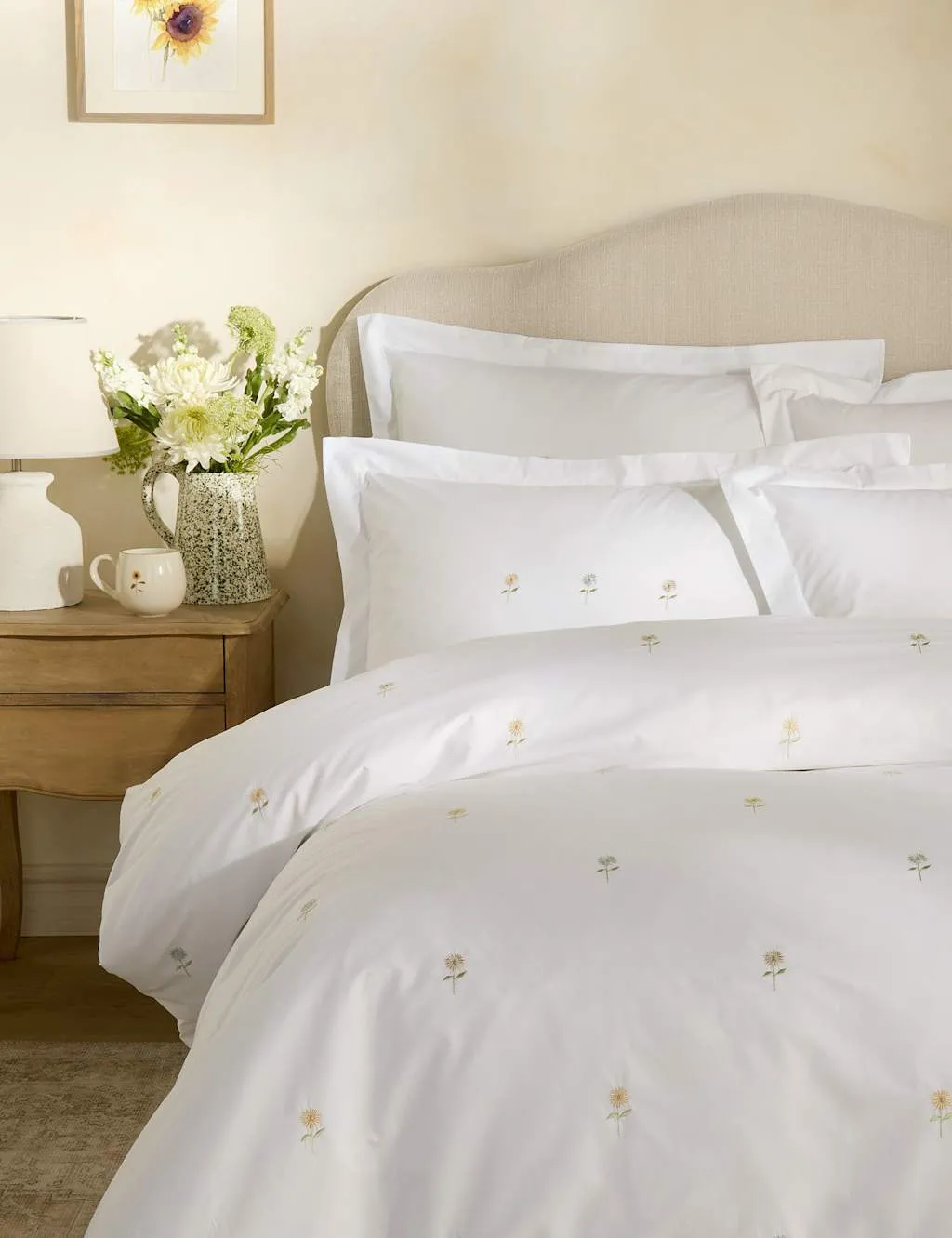 Embroidered Sunflower Bedding Set - White, Cotton product
