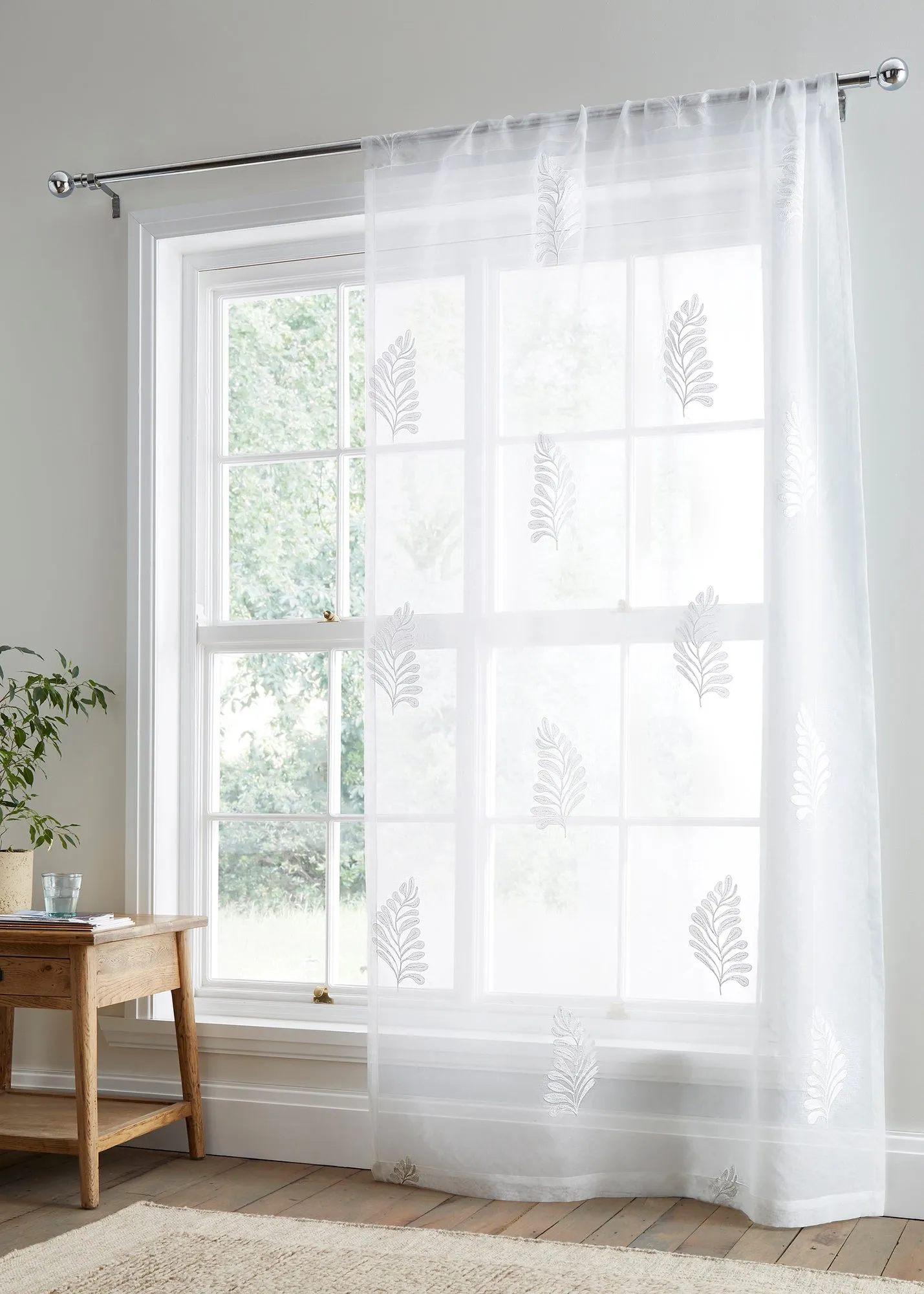Leaf Embroidery Voile Panel - White, Polyester product
