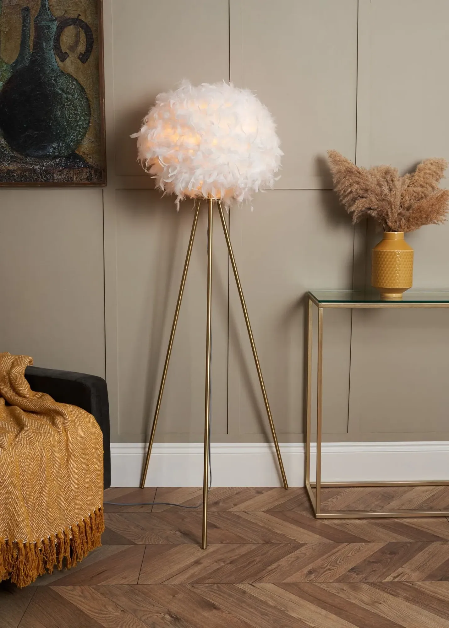 Plume Satin Brass Feather Tripod Floor Lamp - White product