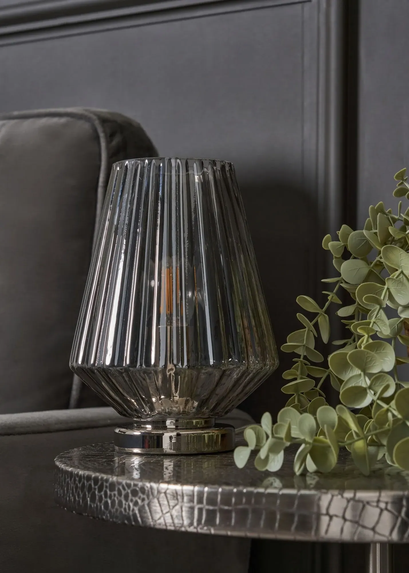 Poplar Small Vessel Table Lamp - Grey, Smoked Ribbed Glass product