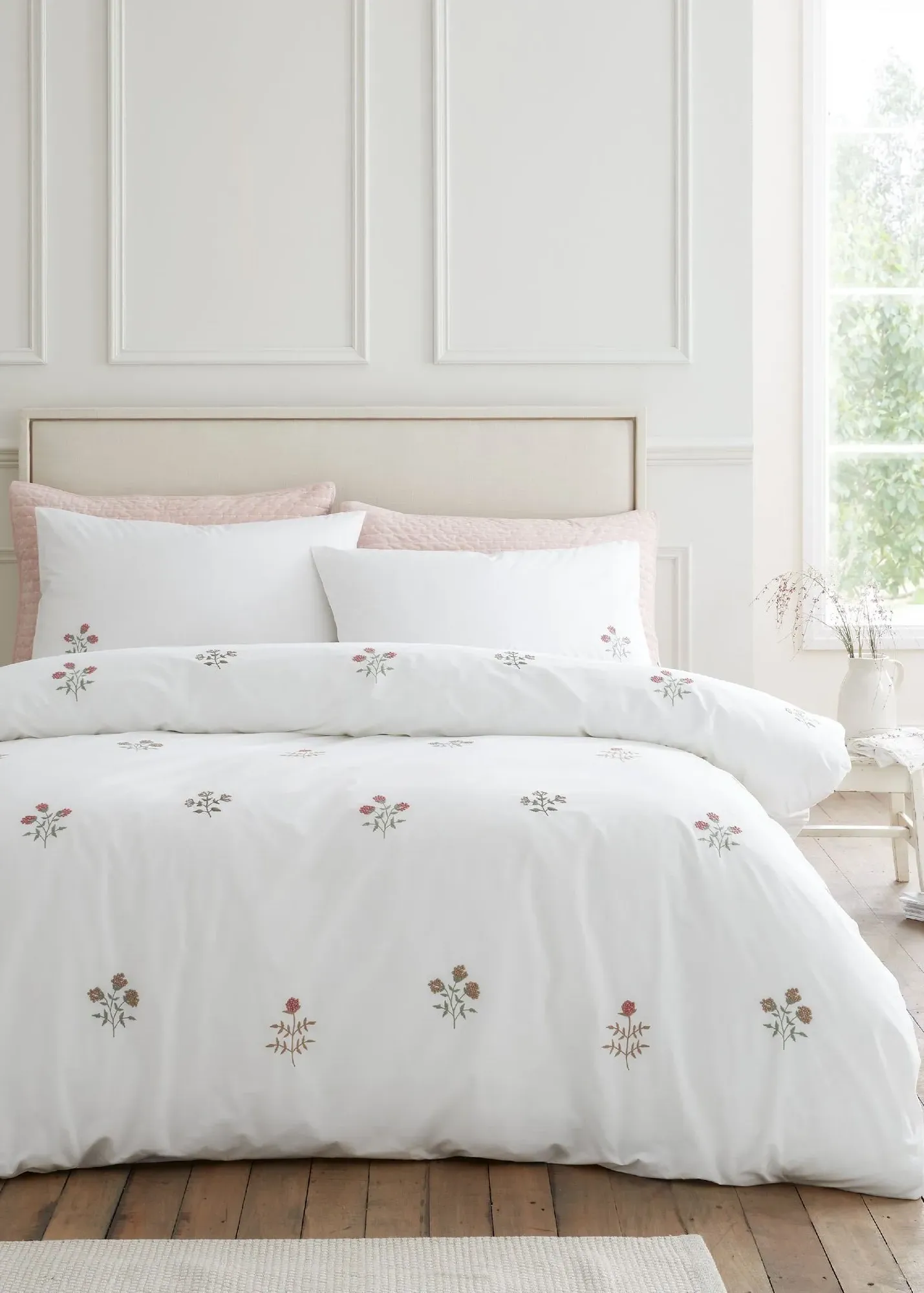Adeline Floral Embroidered Single Duvet Cover Set - White, Cotton product