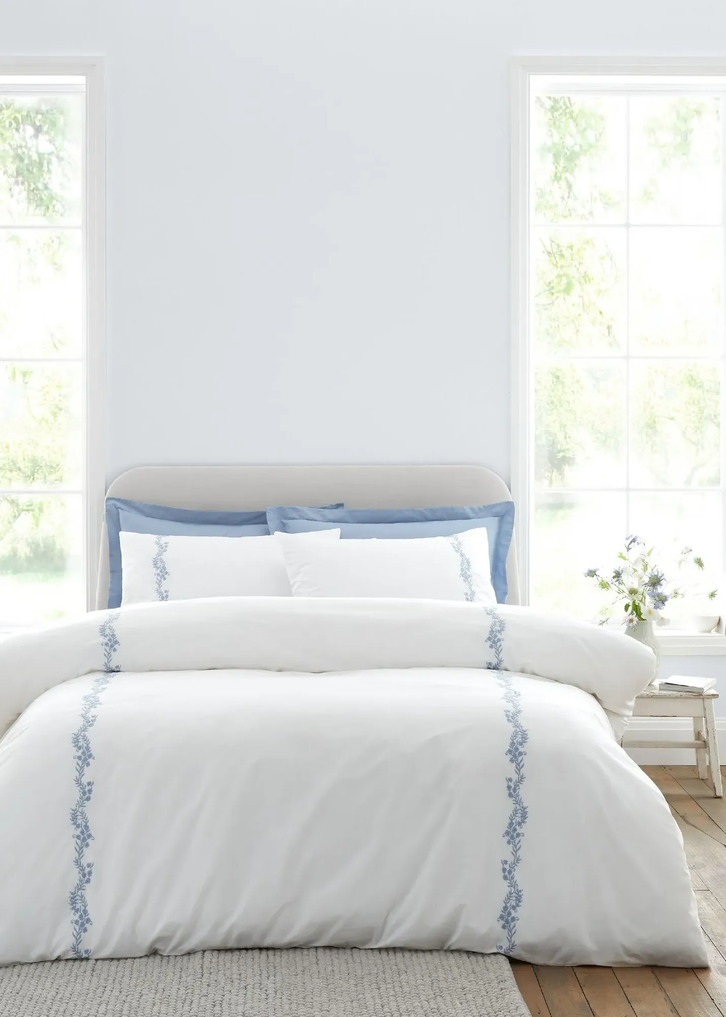 Camille Embroidered Floral Single Duvet Cover Set - Blue, Cotton product